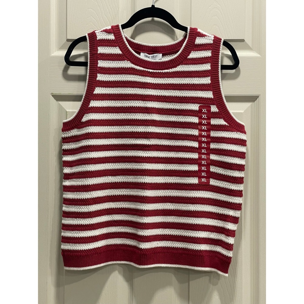NWT Nine West Crochet Tank Top Womens XL Red White Striped Knit
